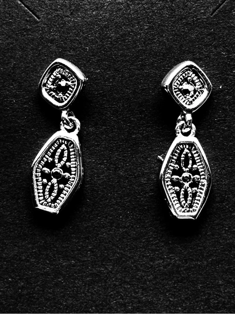 Silver Tone Art Deco Dangle Earrings Geometric Hexagon Vintage Drop Earrings